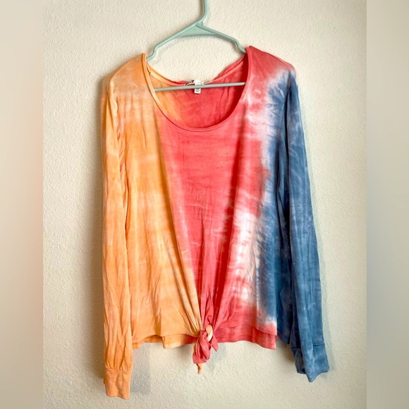 Seven7 Orange Pink Tie Front Long Sleeve Top size L - Picture 1 of 4